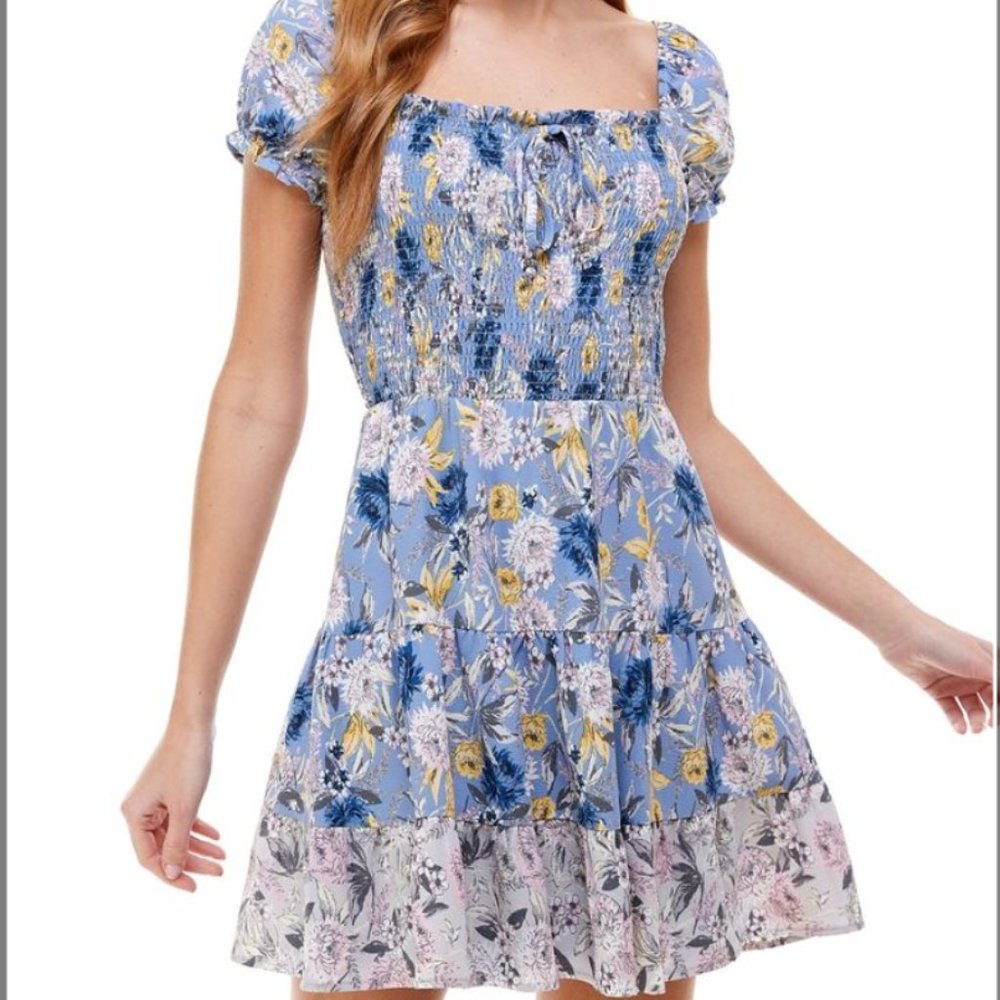 City Studio Smocked low back cap sleeve floral mini dress- blue